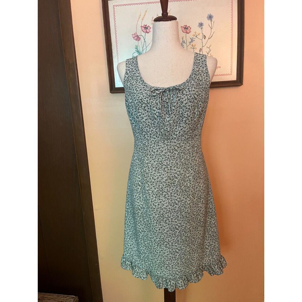 VTG 90s Floral Sage Green Ditsy Dress with Bow and Ruffle Details